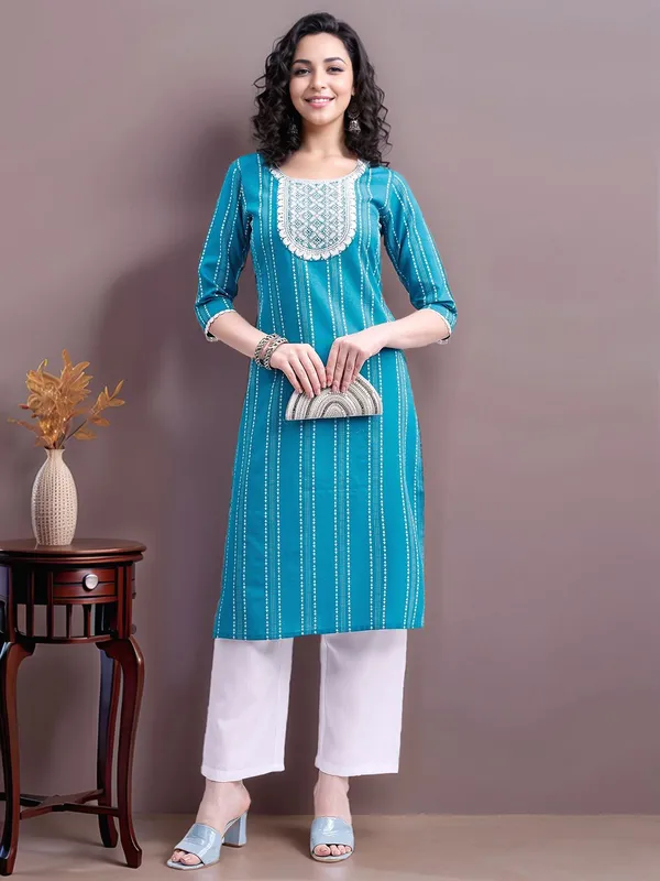Women_Aqua_blue_Pure_Cotton_Handloom_Kurta_with_Thread_Work_and_Sequins_Embroidery_on_Yoke