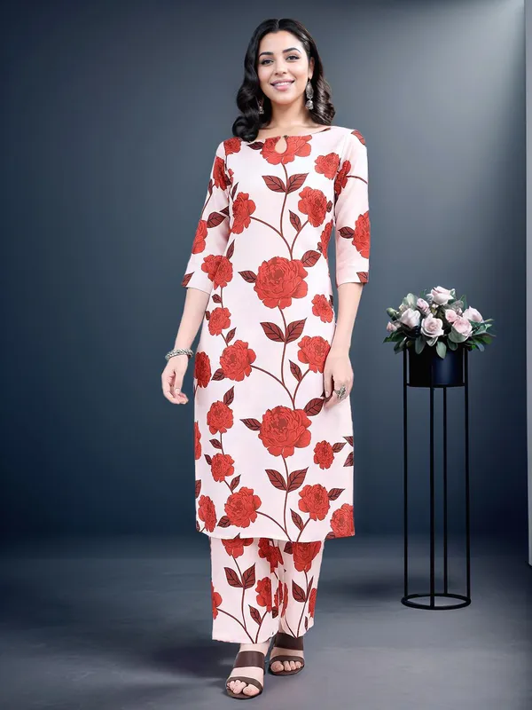Women_Cream_&_Red_Floral_Printed_Keyhole_neck_Kurta_with_Trousers