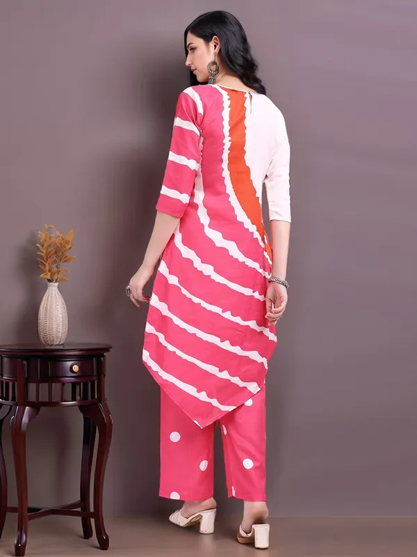 Magenta_Leheriya_Printed_Cotton_Blend_A-Line_Kurta_With_Polka_Dot_Printed_Cotton_Blend_Trouser_For_Women