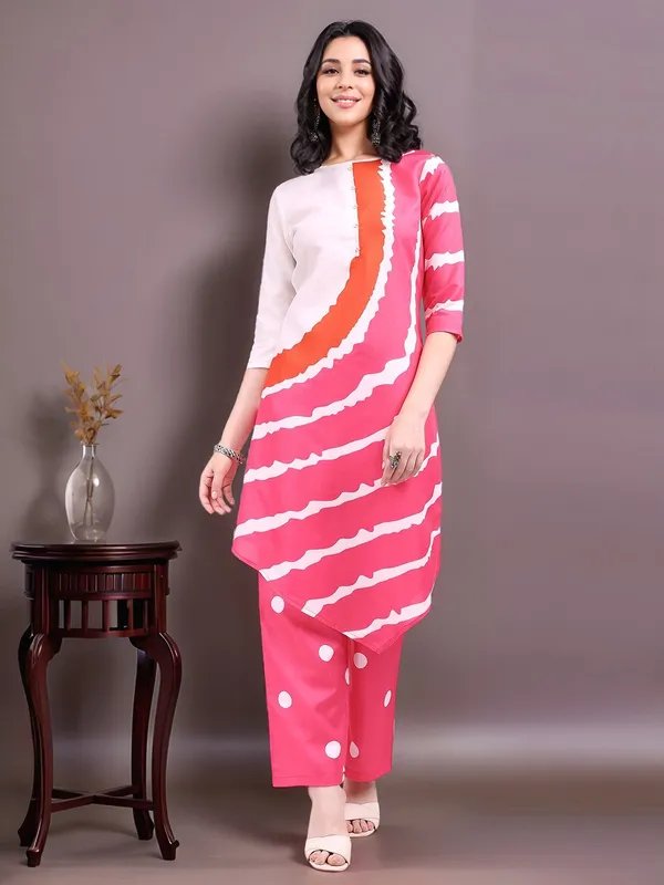 Magenta_Leheriya_Printed_Cotton_Blend_A-Line_Kurta_With_Polka_Dot_Printed_Cotton_Blend_Trouser_For_Women