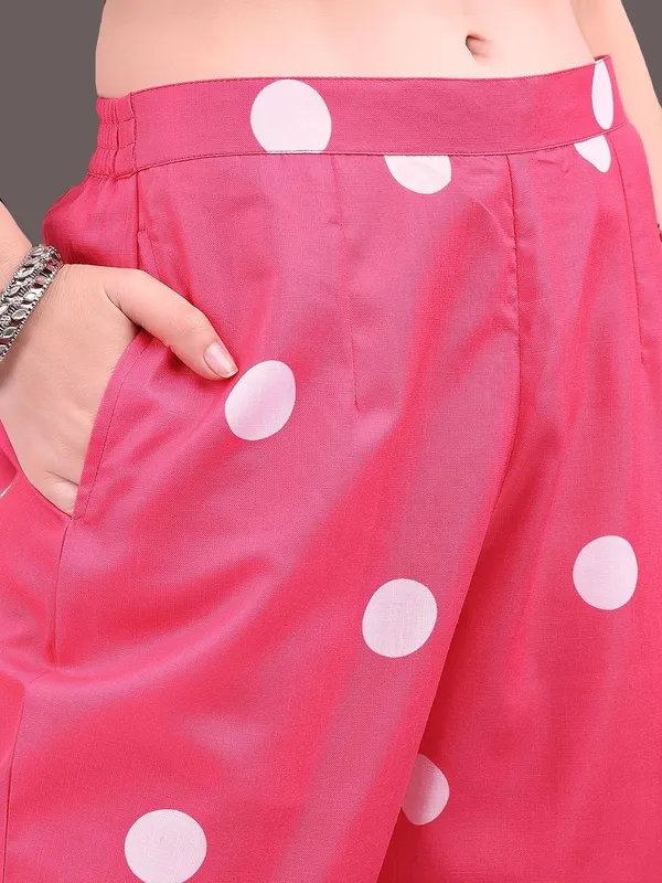 Magenta_Leheriya_Printed_Cotton_Blend_A-Line_Kurta_With_Polka_Dot_Printed_Cotton_Blend_Trouser_For_Women