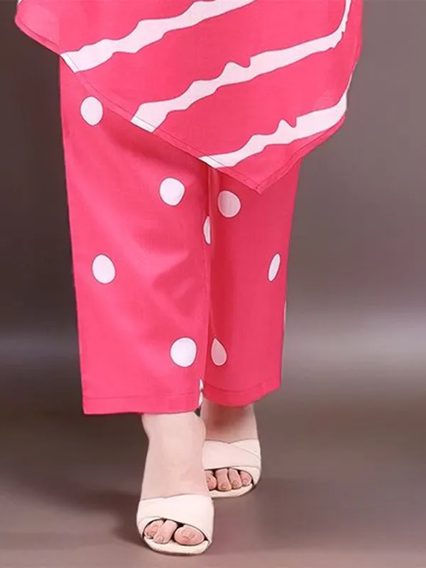 Magenta_Leheriya_Printed_Cotton_Blend_A-Line_Kurta_With_Polka_Dot_Printed_Cotton_Blend_Trouser_For_Women
