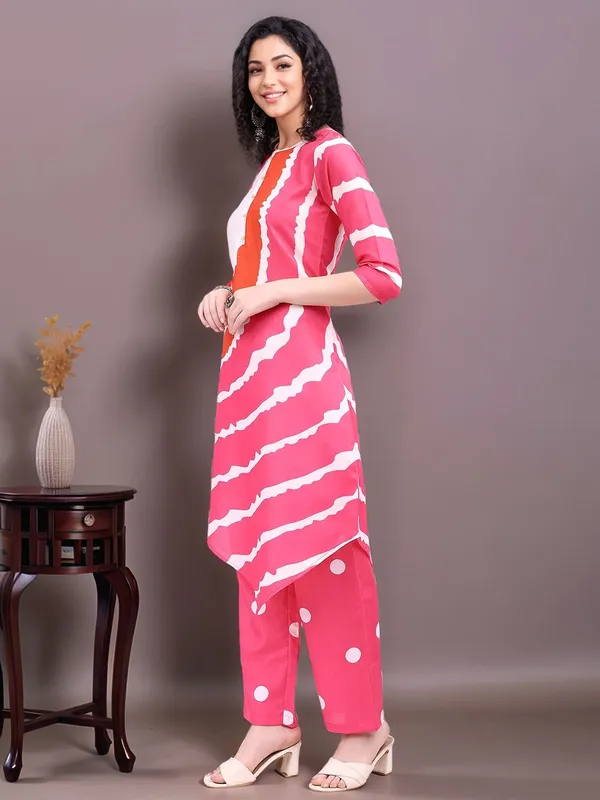 Magenta_Leheriya_Printed_Cotton_Blend_A-Line_Kurta_With_Polka_Dot_Printed_Cotton_Blend_Trouser_For_Women