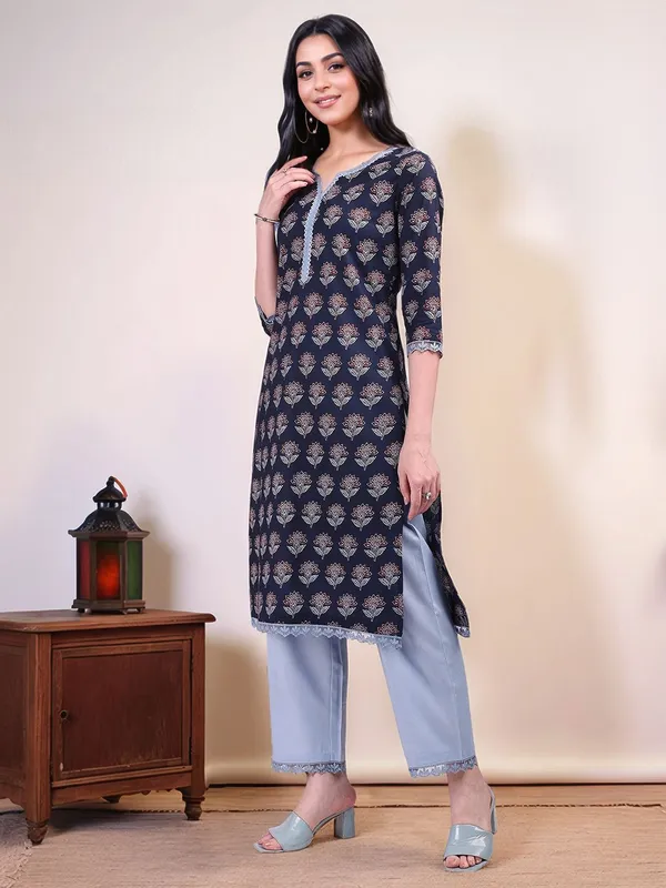 Blue_Ethnic_Motifs_Printed_Pure_Cotton_Straight_Kurta_With_Solid_Cotton_Blend_Trouser_For_Women
