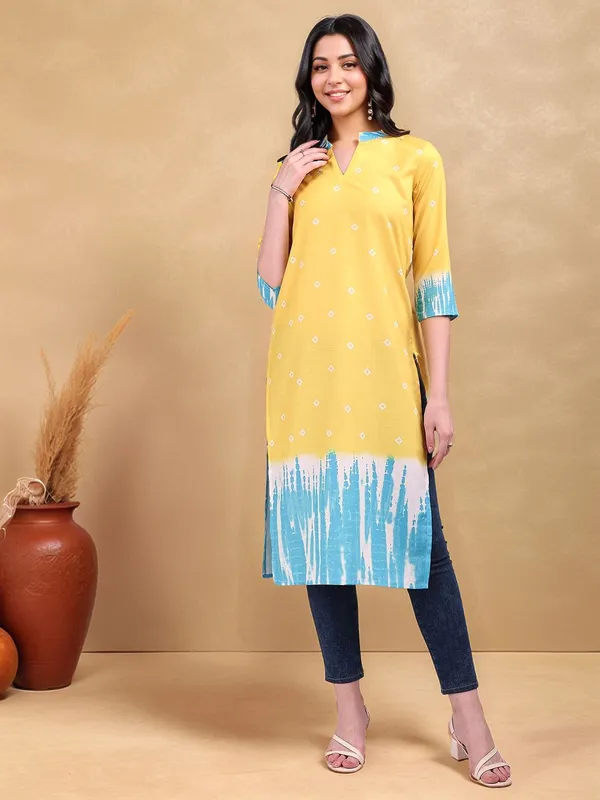 Yellow_Bandhani_Printed_Cotton_Blend_Straight_Kurta_For_Women