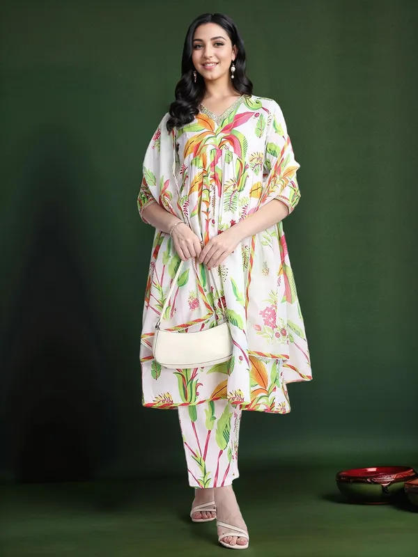 White_Floral_Printed_Pure_Cotton_Anarkali_Kurta_With_Printed_Pure_Cotton_Trouser_And_Printed_Dupatta_For_Women