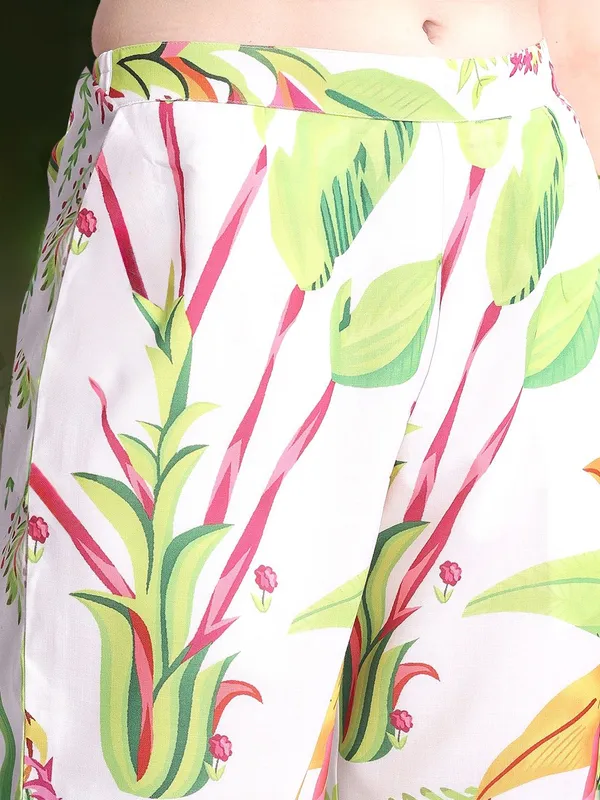 White_Floral_Printed_Pure_Cotton_Anarkali_Kurta_With_Printed_Pure_Cotton_Trouser_And_Printed_Dupatta_For_Women