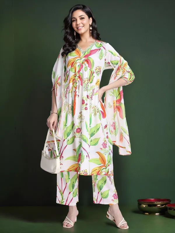 White_Floral_Printed_Pure_Cotton_Anarkali_Kurta_With_Printed_Pure_Cotton_Trouser_And_Printed_Dupatta_For_Women