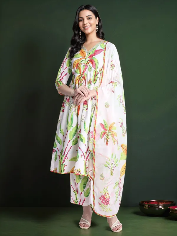 White_Floral_Printed_Pure_Cotton_Anarkali_Kurta_With_Printed_Pure_Cotton_Trouser_And_Printed_Dupatta_For_Women