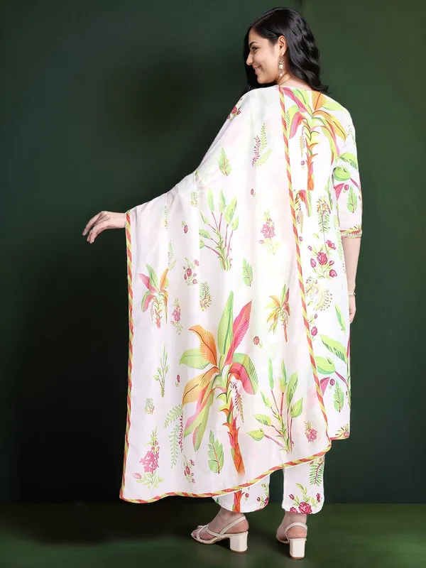 White_Floral_Printed_Pure_Cotton_Anarkali_Kurta_With_Printed_Pure_Cotton_Trouser_And_Printed_Dupatta_For_Women