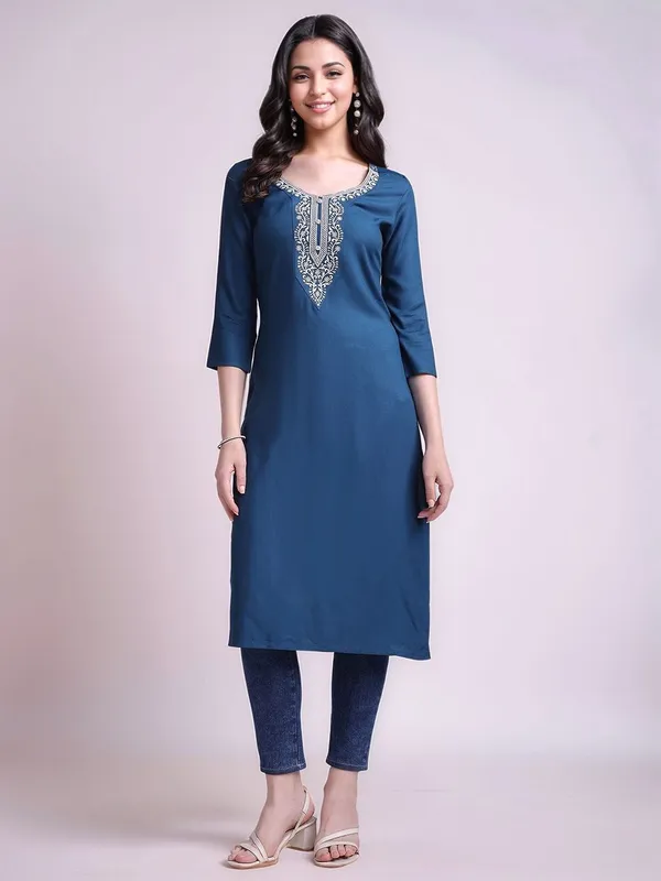 Teal_Blue_Teal_Blue_Embroidered_Viscose_Rayon_Straight_Kurta_For_Women