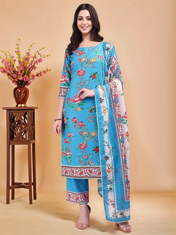 Blue_Floral_Printed_Pure_Cotton_Straight_Kurta_With_Printed_Pure_Cotton_Trouser_And_Printed_Dupatta_For_Women