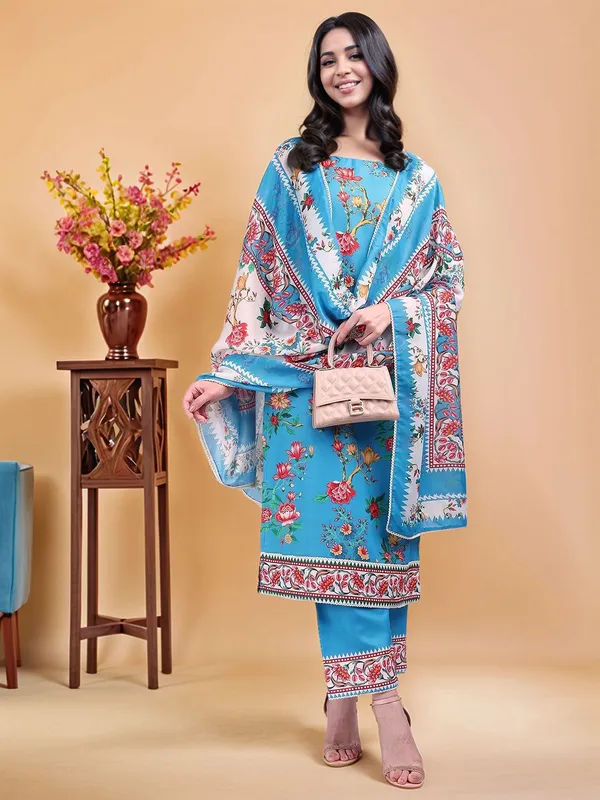 Blue_Floral_Printed_Pure_Cotton_Straight_Kurta_With_Printed_Pure_Cotton_Trouser_And_Printed_Dupatta_For_Women