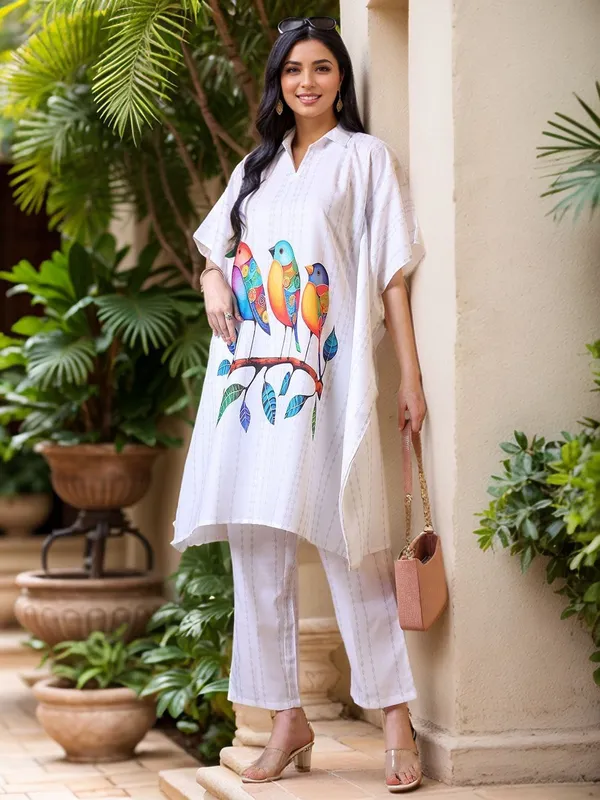White_Animal_Printed_Cotton_Blend_Kaftan_Kurta_With_Printed_Cotton_Blend_Trouser_For_Women