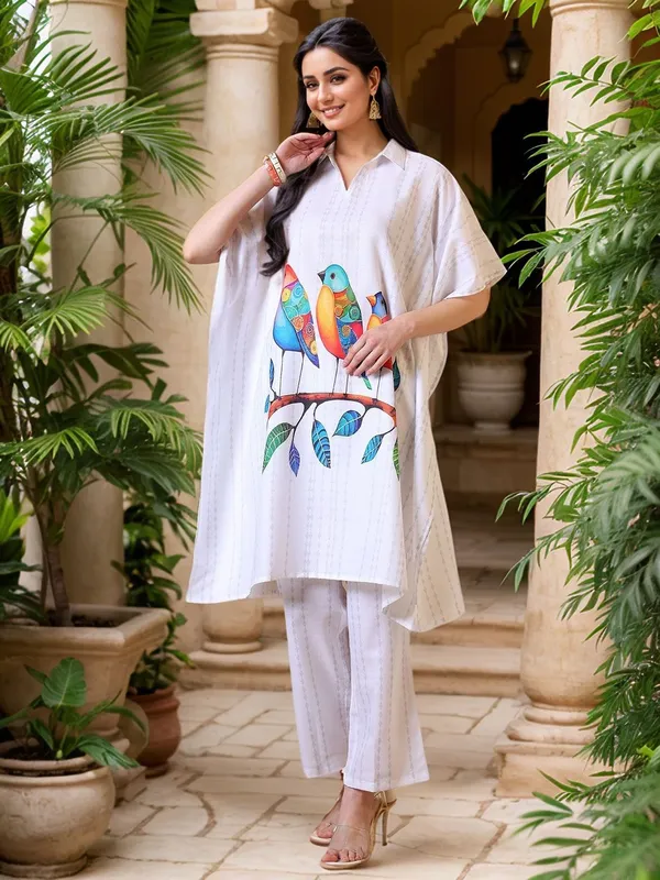 White_Animal_Printed_Cotton_Blend_Kaftan_Kurta_With_Printed_Cotton_Blend_Trouser_For_Women