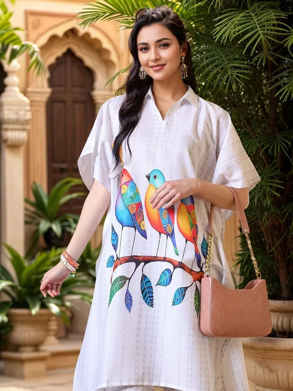 White_Animal_Printed_Cotton_Blend_Kaftan_Kurta_With_Printed_Cotton_Blend_Trouser_For_Women
