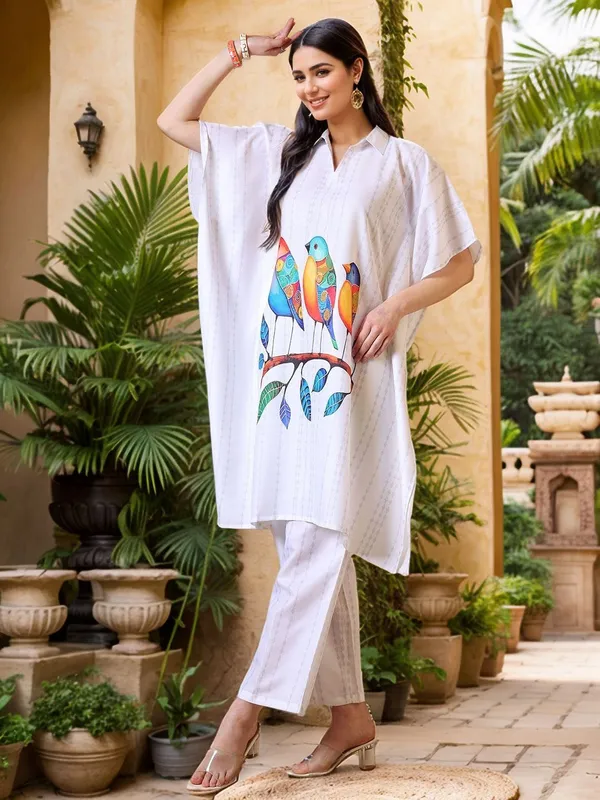 White_Animal_Printed_Cotton_Blend_Kaftan_Kurta_With_Printed_Cotton_Blend_Trouser_For_Women