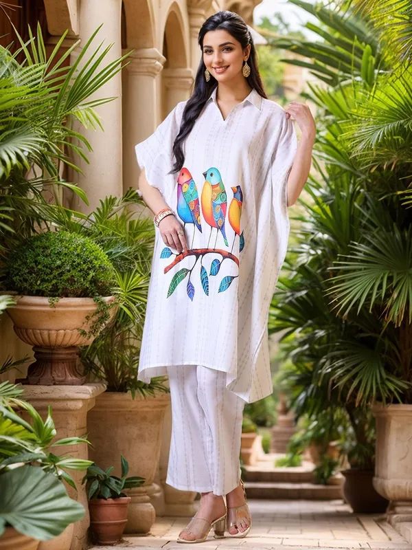 White_Animal_Printed_Cotton_Blend_Kaftan_Kurta_With_Printed_Cotton_Blend_Trouser_For_Women