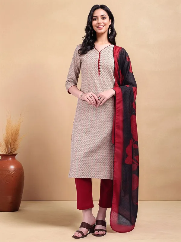 Beige_Woven_Design_Cotton_Blend_Straight_Kurta_With_Solid_Cotton_Blend_Trouser_And_Printed_Dupatta_For_Women