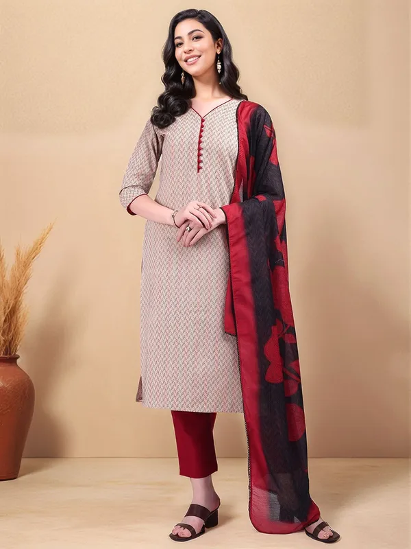 Beige_Woven_Design_Cotton_Blend_Straight_Kurta_With_Solid_Cotton_Blend_Trouser_And_Printed_Dupatta_For_Women