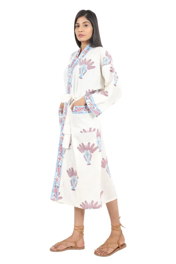 White_Handblock_Print_Cotton_Kimono/_Bathrobe_For_Women_&_Girls