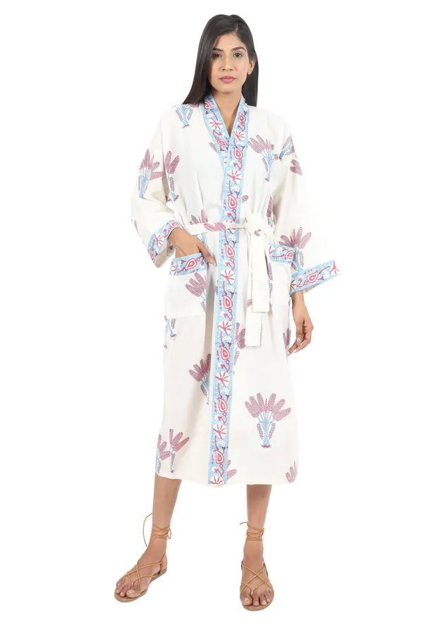 White_Handblock_Print_Cotton_Kimono/_Bathrobe_For_Women_&_Girls