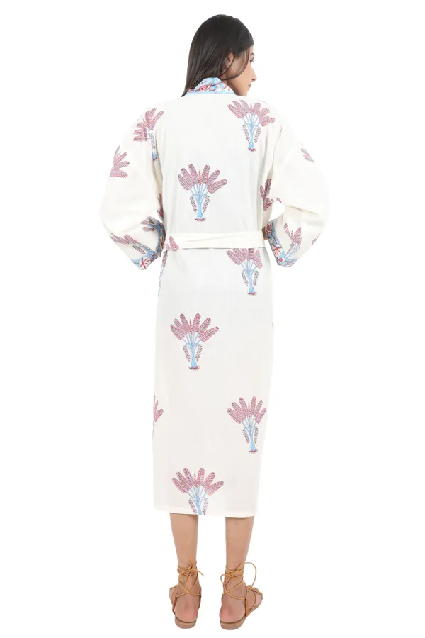 White_Handblock_Print_Cotton_Kimono/_Bathrobe_For_Women_&_Girls