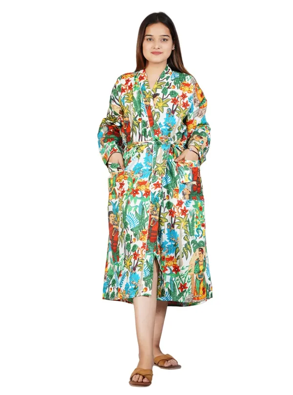 White_Printed_Cotton_Kimono/_Bathrobe_For_Women_&_Girls