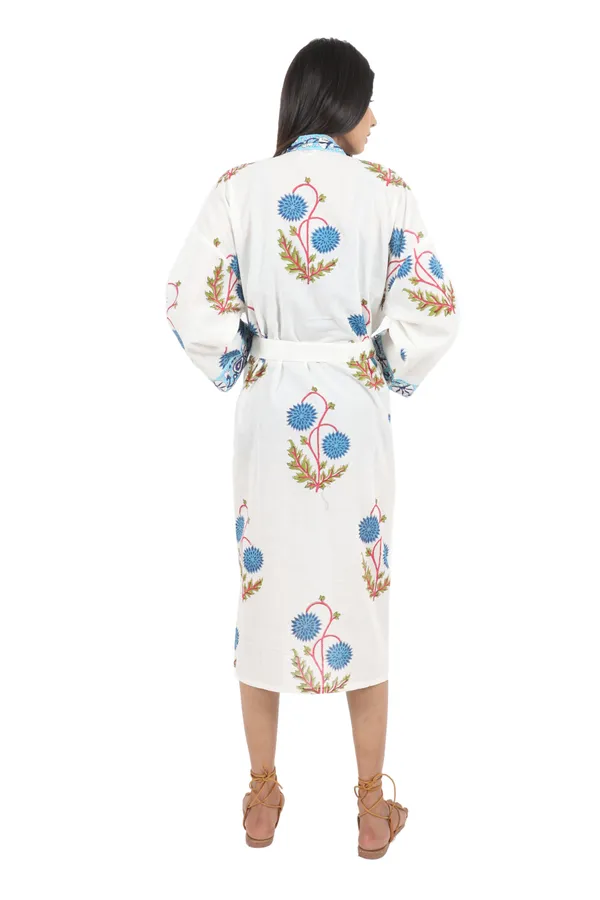 White_&_Blue_Handblock_Print_Cotton_Kimono/_Bathrobe_For_Women_&_Girls