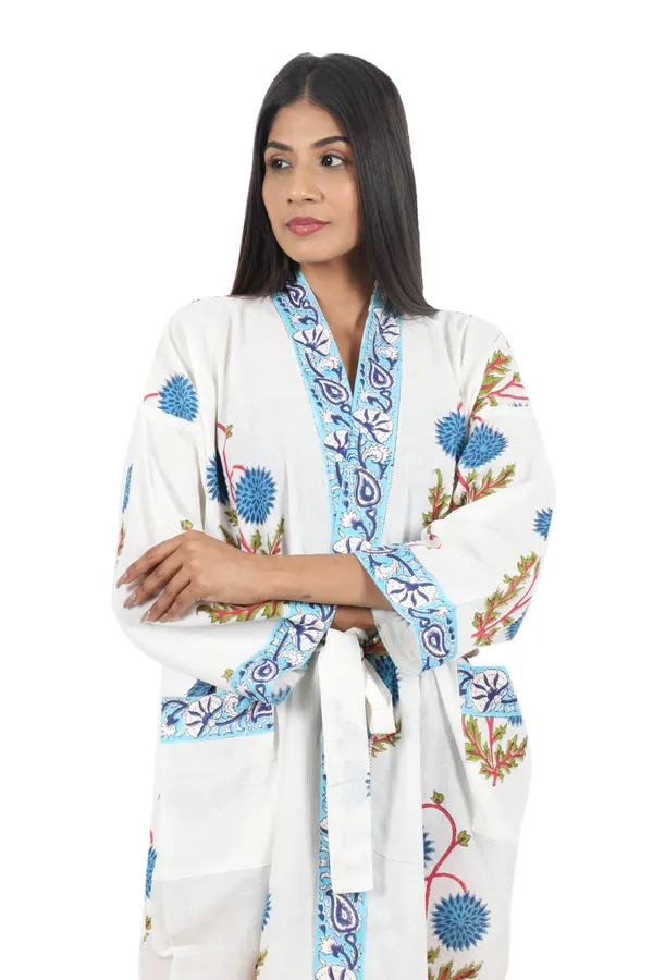 White_&_Blue_Handblock_Print_Cotton_Kimono/_Bathrobe_For_Women_&_Girls