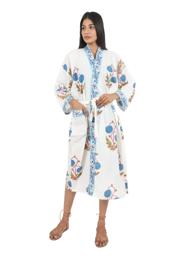 White_&_Blue_Handblock_Print_Cotton_Kimono/_Bathrobe_For_Women_&_Girls