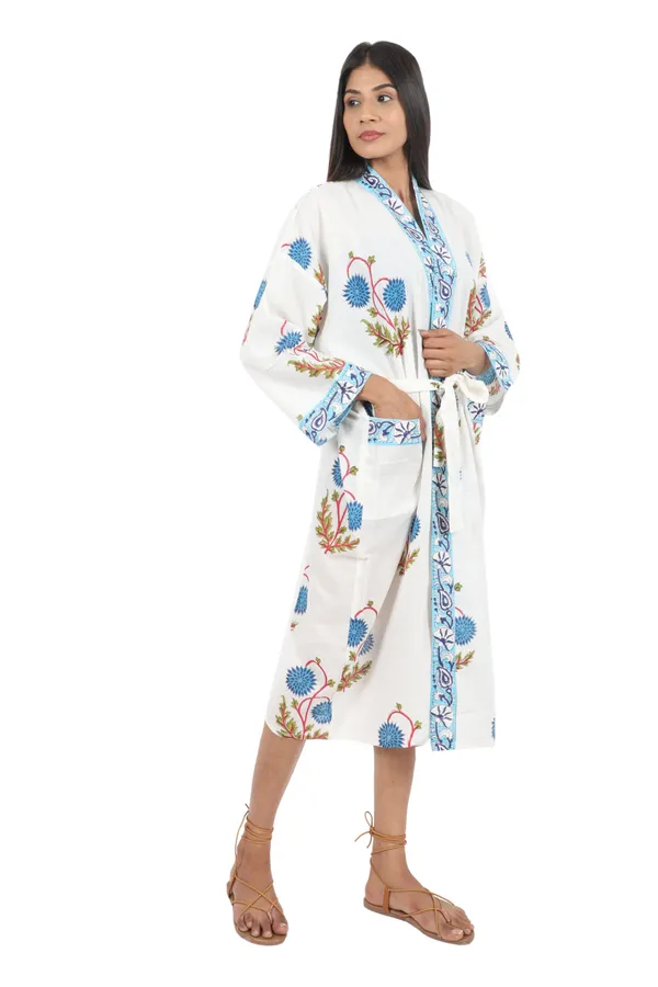 White_&_Blue_Handblock_Print_Cotton_Kimono/_Bathrobe_For_Women_&_Girls