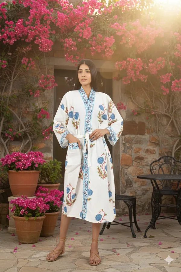 White_&_Blue_Handblock_Print_Cotton_Kimono/_Bathrobe_For_Women_&_Girls
