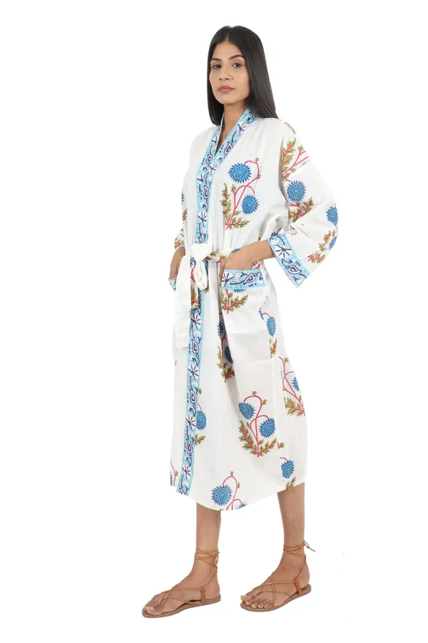 White_&_Blue_Handblock_Print_Cotton_Kimono/_Bathrobe_For_Women_&_Girls