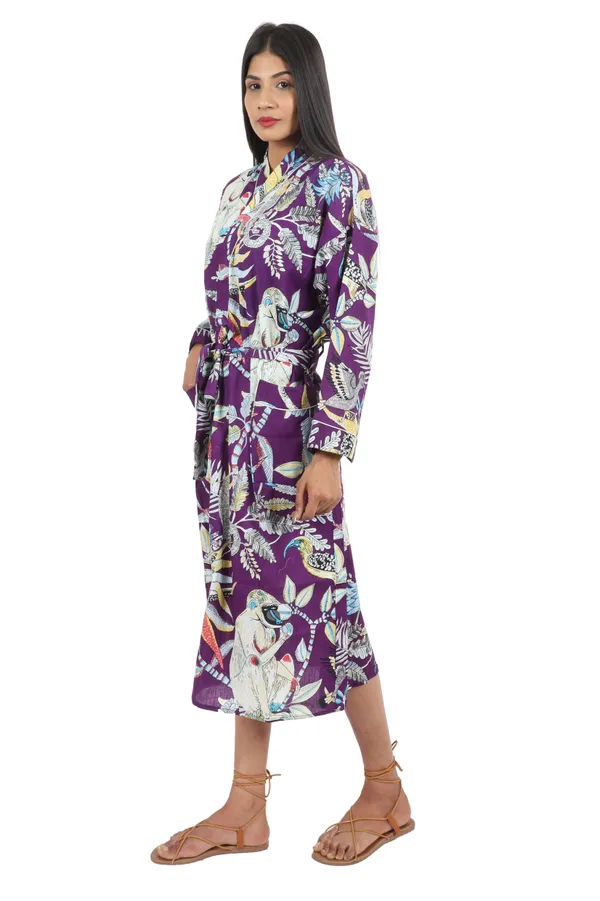 Purple_Monkey_Printed_Cotton_Kimono/_Bathrobe_For_Women_&_Girls