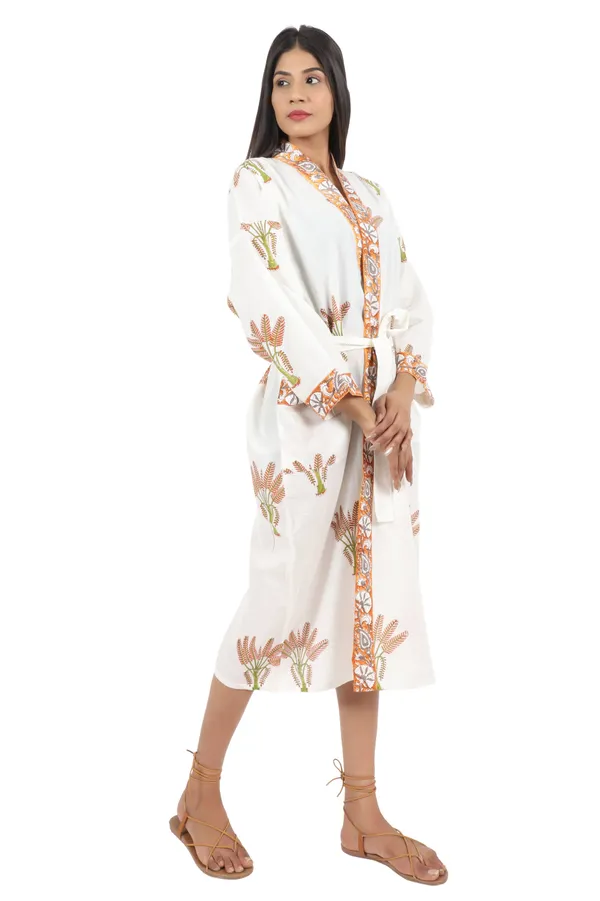 White_&_Orange_Handblock_Print_Cotton_Kimono/_Bathrobe_For_Women_&_Girls