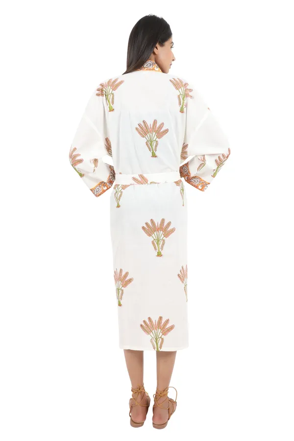 White_&_Orange_Handblock_Print_Cotton_Kimono/_Bathrobe_For_Women_&_Girls