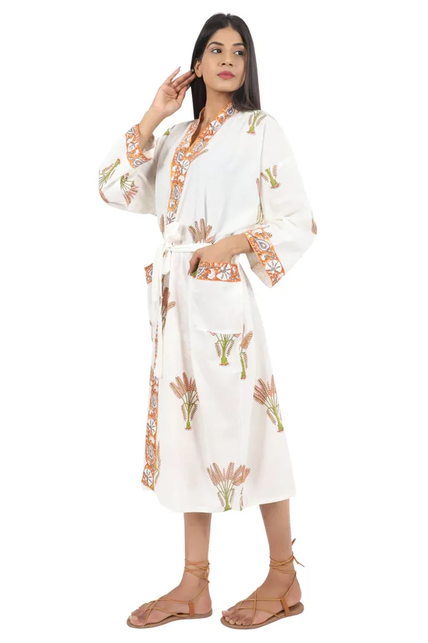 White_&_Orange_Handblock_Print_Cotton_Kimono/_Bathrobe_For_Women_&_Girls