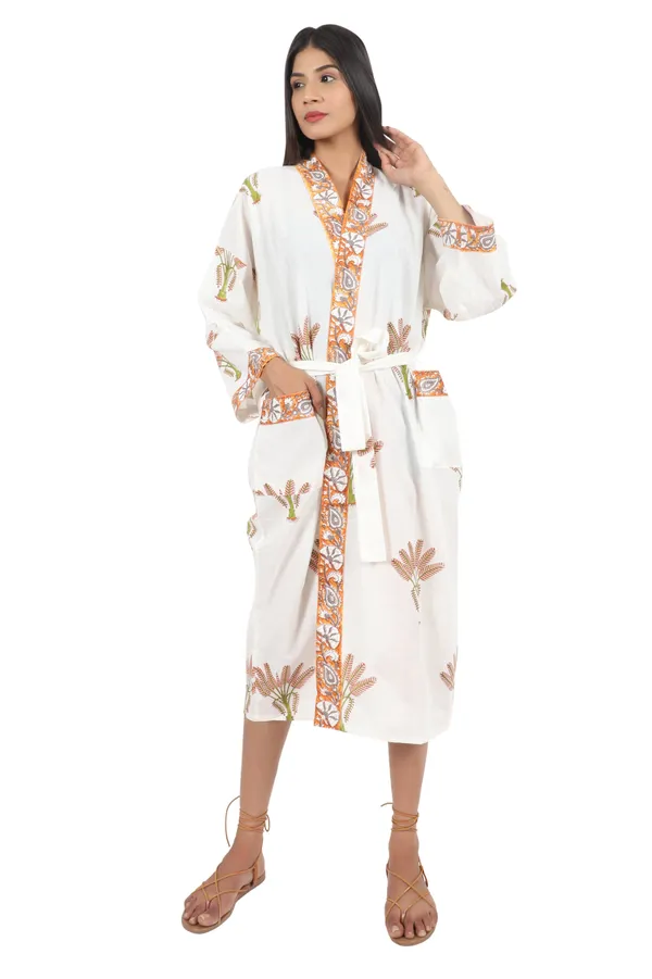 White_&_Orange_Handblock_Print_Cotton_Kimono/_Bathrobe_For_Women_&_Girls