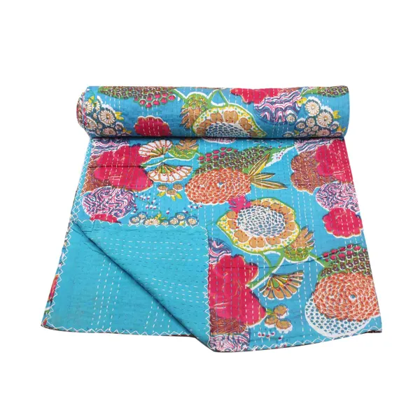 Turquoise_Comfortable_Handcrafted_Cotton_Kantha_Quilt