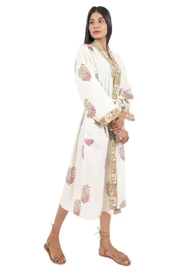White_&_Green_Handblock_Print_Cotton_Kimono/_Bathrobe_For_Women_&_Girls