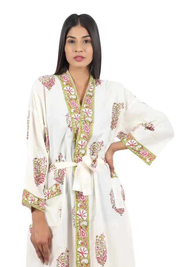 White_&_Green_Handblock_Print_Cotton_Kimono/_Bathrobe_For_Women_&_Girls