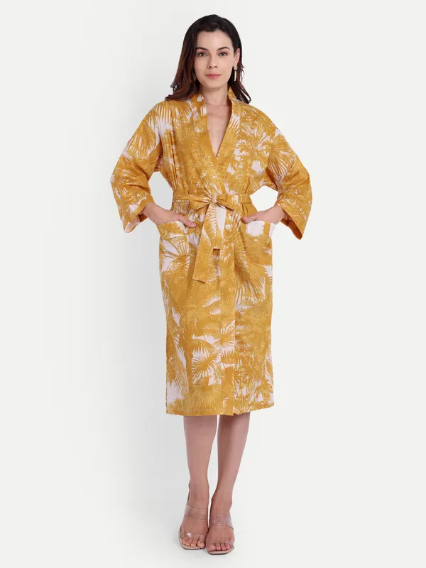 Yellow_Palm_Tree_Printed_Cotton_Kimono/_Bathrobe_For_Women_&_Girls