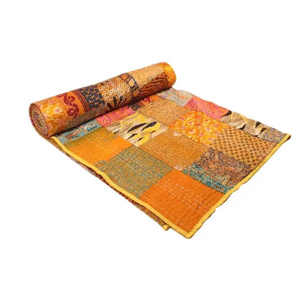 Yellow_Luxurious_Handcrafted_Silk_Patch_Work_Quilt