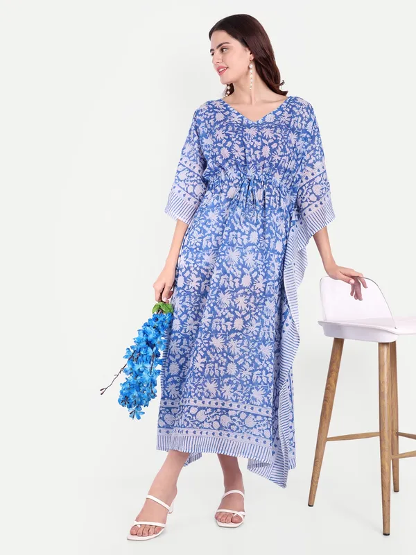 Blue_Handblock_Print_Cotton_Long_Kaftan_For_Women_&_Girls