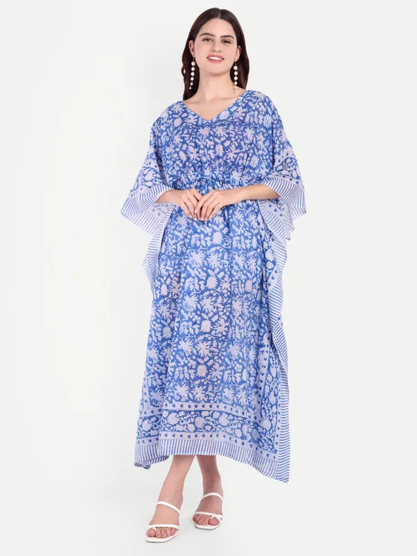 Blue_Handblock_Print_Cotton_Long_Kaftan_For_Women_&_Girls