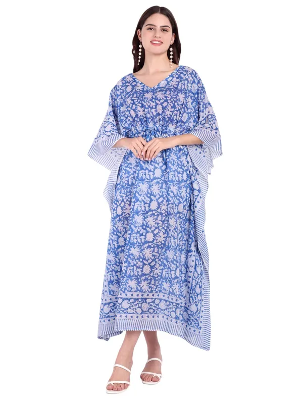 Blue_Handblock_Print_Cotton_Long_Kaftan_For_Women_&_Girls
