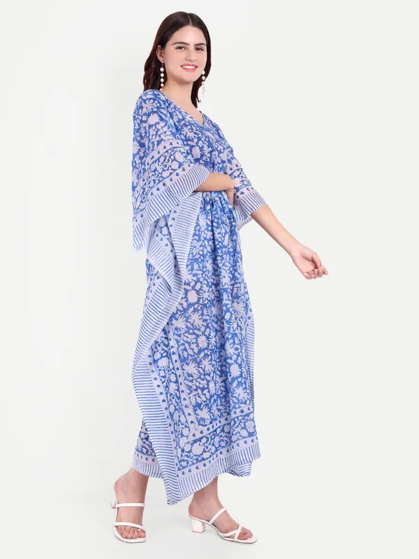 Blue_Handblock_Print_Cotton_Long_Kaftan_For_Women_&_Girls