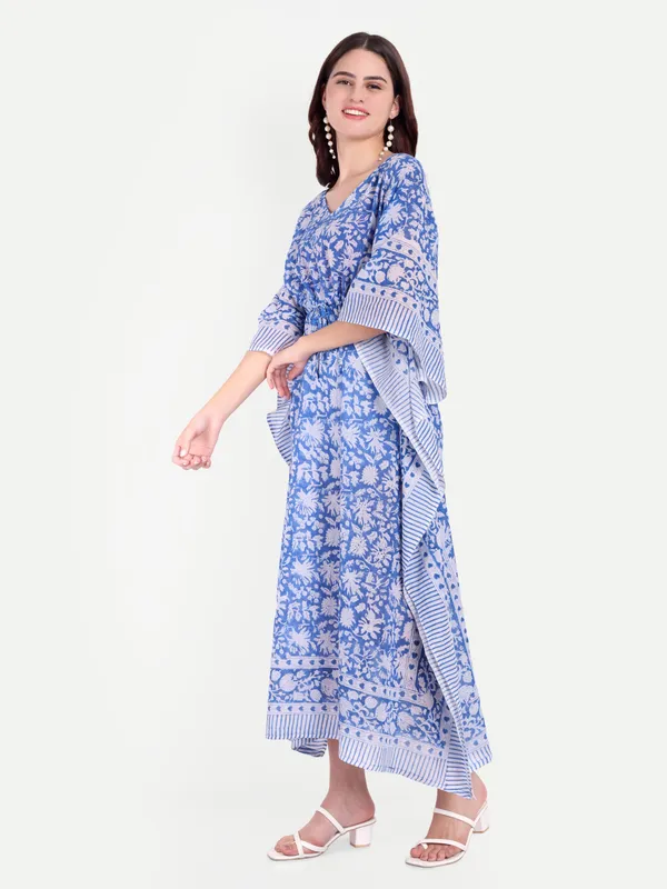 Blue_Handblock_Print_Cotton_Long_Kaftan_For_Women_&_Girls