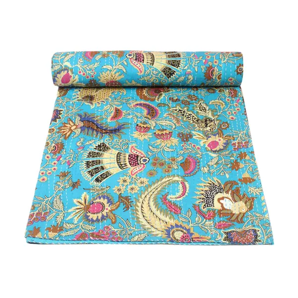 Turquoise_Comfortable_Handcrafted_Cotton_Kantha_Quilt